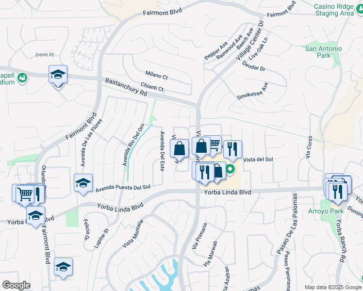 map of restaurants, bars, coffee shops, grocery stores, and more near 20423 Vía Don Juan in Yorba Linda