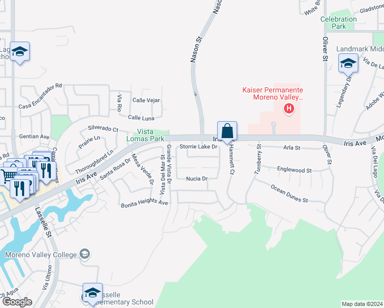 map of restaurants, bars, coffee shops, grocery stores, and more near 26902 Winter Park Place in Moreno Valley