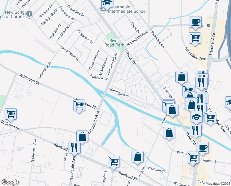 map of restaurants, bars, coffee shops, grocery stores, and more near 1017 Savi Drive in Corona