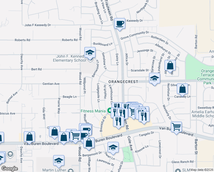 map of restaurants, bars, coffee shops, grocery stores, and more near 8499 Farmhouse Lane in Riverside
