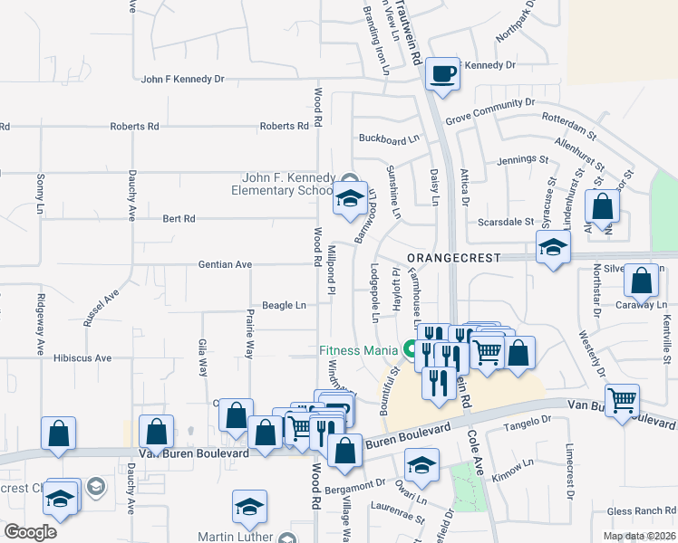 map of restaurants, bars, coffee shops, grocery stores, and more near 8571 Barnwood Lane in Riverside