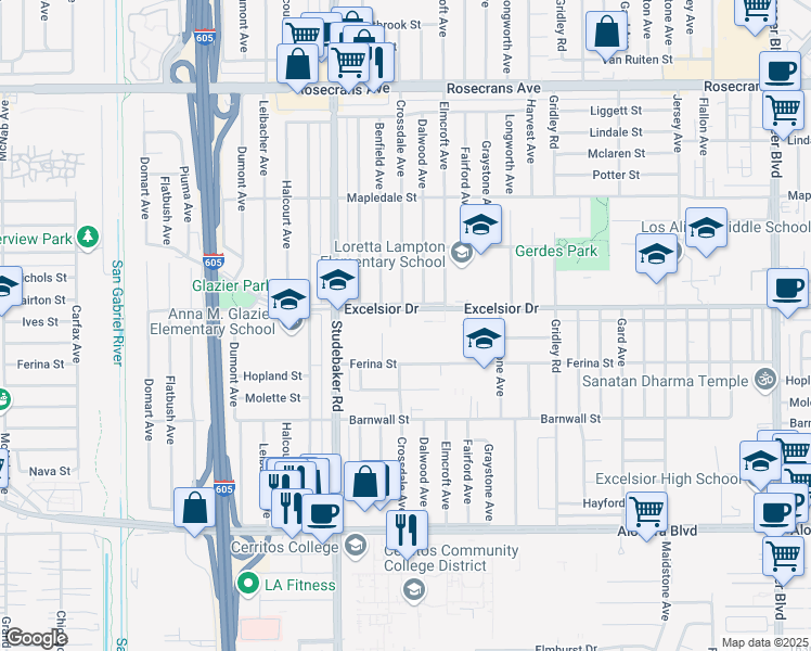 map of restaurants, bars, coffee shops, grocery stores, and more near 11124 Excelsior Drive in Norwalk