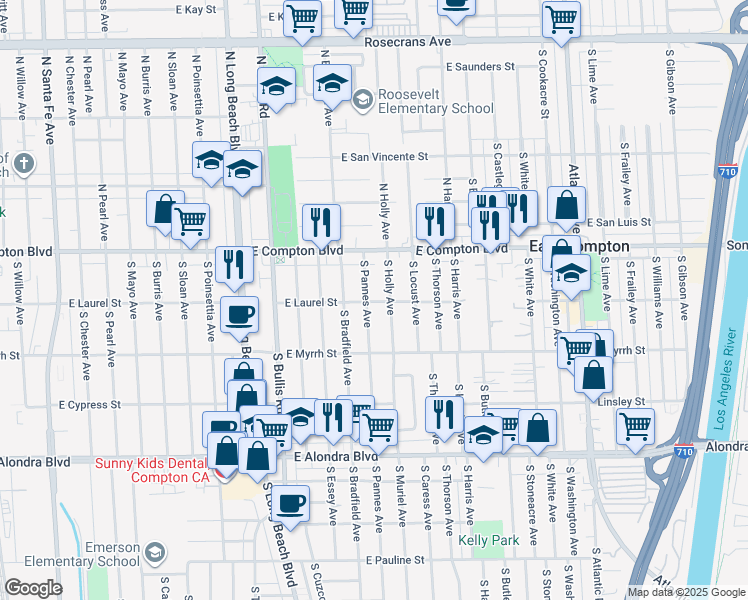 map of restaurants, bars, coffee shops, grocery stores, and more near 302 South Holly Avenue in Compton