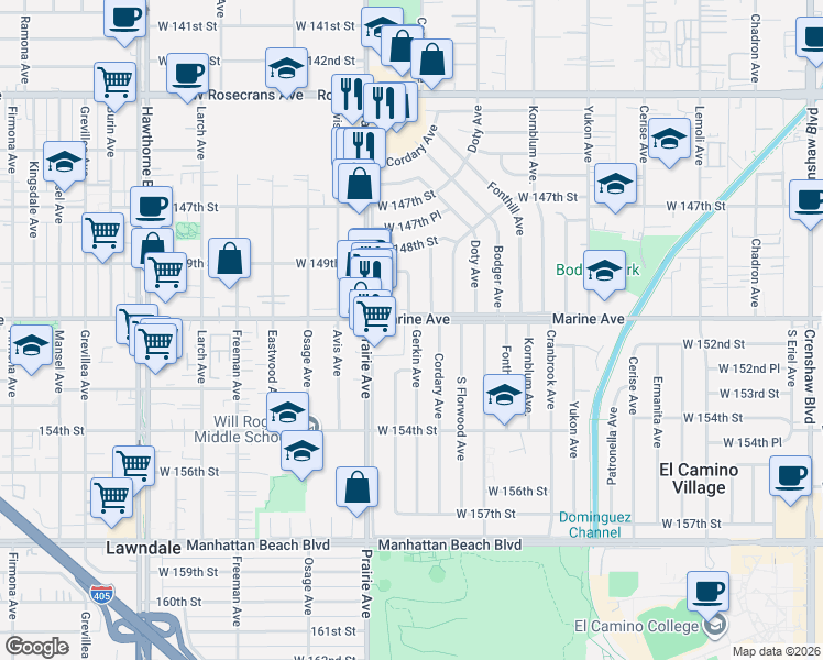 map of restaurants, bars, coffee shops, grocery stores, and more near 15123 Gerkin Avenue in Lawndale