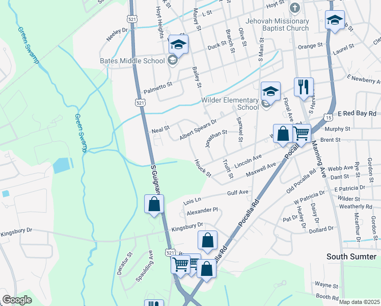 map of restaurants, bars, coffee shops, grocery stores, and more near 980 Houck Street in Sumter