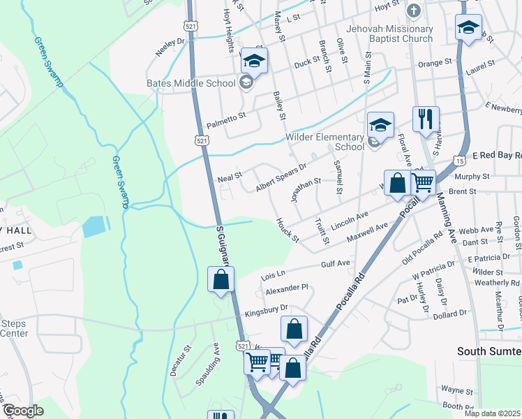 map of restaurants, bars, coffee shops, grocery stores, and more near 980 Houck Street in Sumter