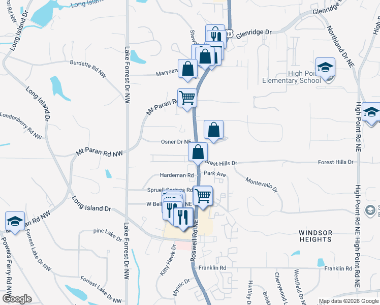 map of restaurants, bars, coffee shops, grocery stores, and more near 93 Chemin De Vie Northeast in Atlanta