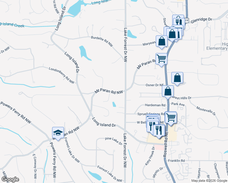 map of restaurants, bars, coffee shops, grocery stores, and more near 22 Mount Paran Road Northwest in Atlanta