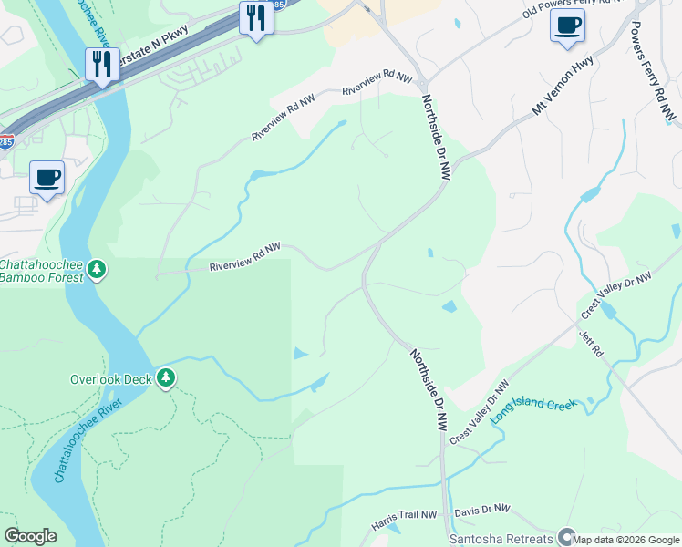map of restaurants, bars, coffee shops, grocery stores, and more near 4640 Riverview Road Northwest in Atlanta