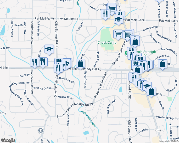 map of restaurants, bars, coffee shops, grocery stores, and more near 398 Windy Hill Road Southeast in Marietta