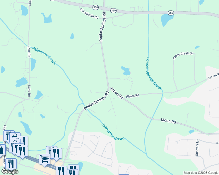 map of restaurants, bars, coffee shops, grocery stores, and more near 1060 Poplar Springs Road in Hiram