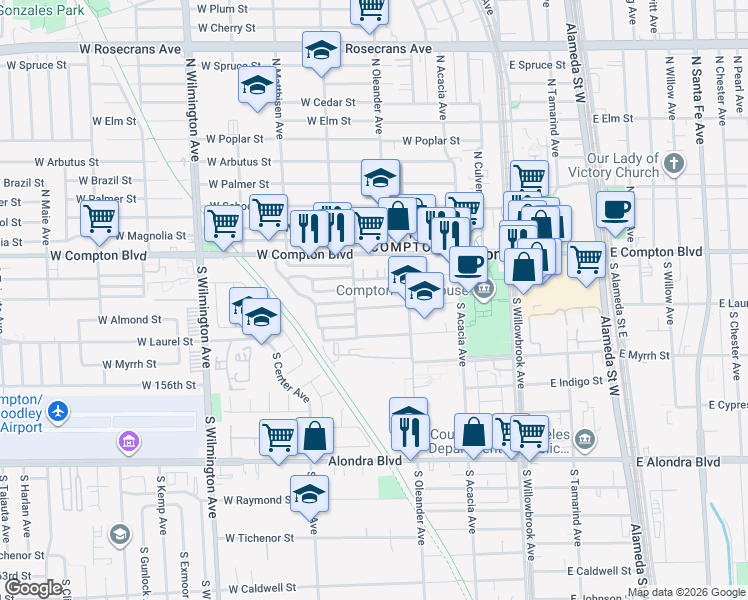 map of restaurants, bars, coffee shops, grocery stores, and more near 428 West Almond Street in Compton