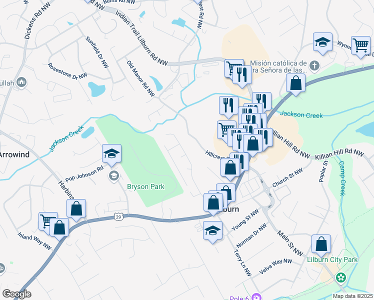 map of restaurants, bars, coffee shops, grocery stores, and more near 464 Holly Ridge Drive Northwest in Lilburn