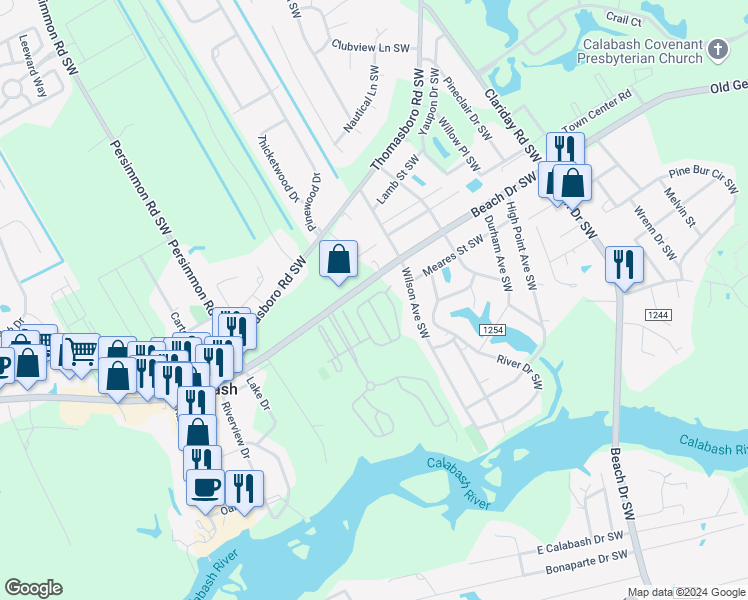 map of restaurants, bars, coffee shops, grocery stores, and more near 1101 Skylar Cove Lane in Calabash