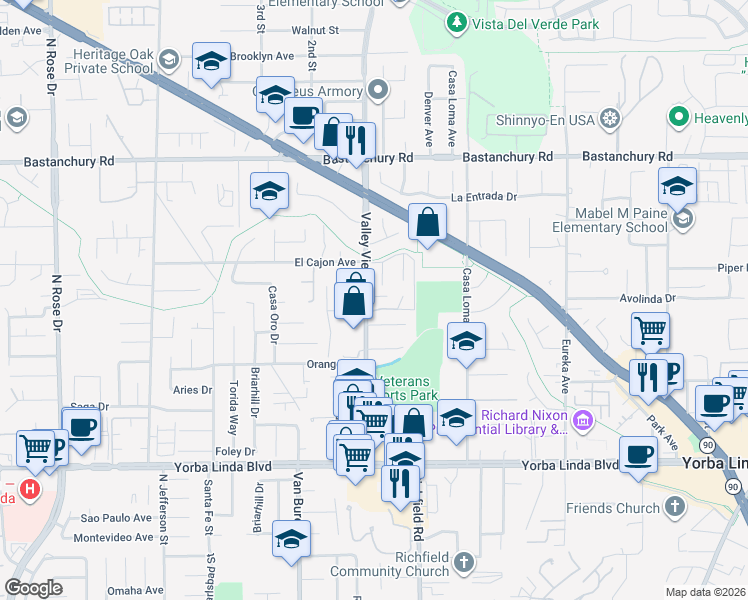 map of restaurants, bars, coffee shops, grocery stores, and more near 4574 Jamestowne in Yorba Linda