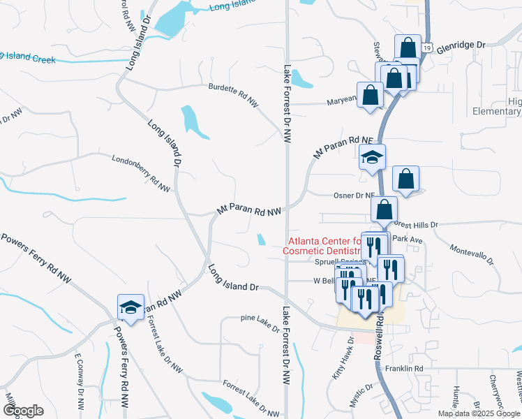 map of restaurants, bars, coffee shops, grocery stores, and more near 22 Mount Paran Road Northwest in Atlanta