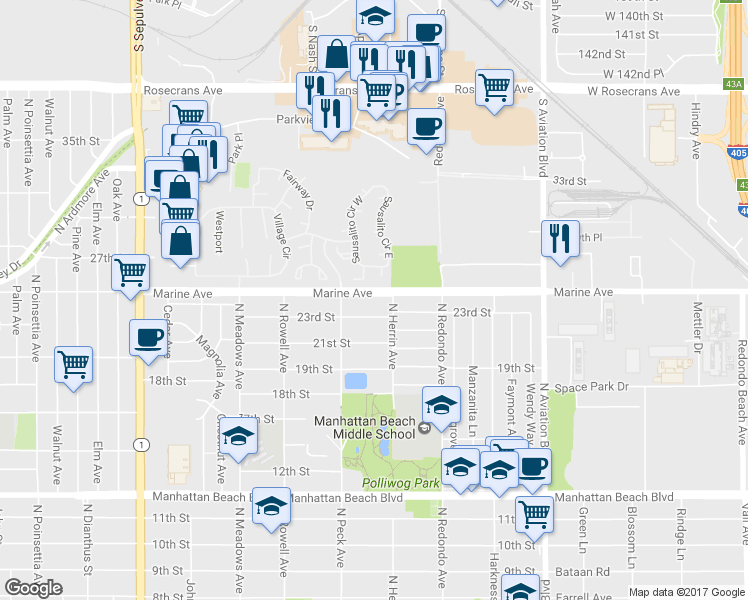 map of restaurants, bars, coffee shops, grocery stores, and more near 1540 Marine Avenue in Manhattan Beach