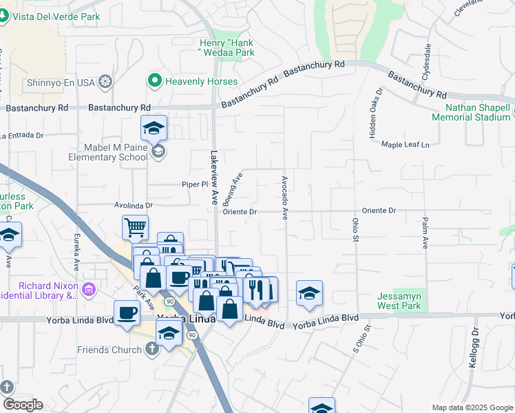 map of restaurants, bars, coffee shops, grocery stores, and more near 18641 Oriente Drive in Yorba Linda