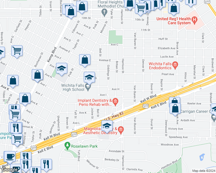 map of restaurants, bars, coffee shops, grocery stores, and more near 1800 Giddings Street in Wichita Falls