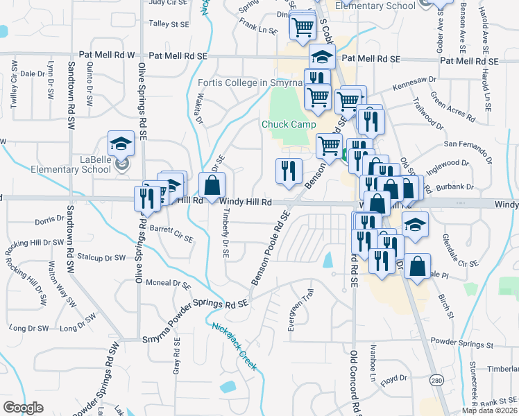 map of restaurants, bars, coffee shops, grocery stores, and more near 253 Longleaf Drive Southeast in Marietta