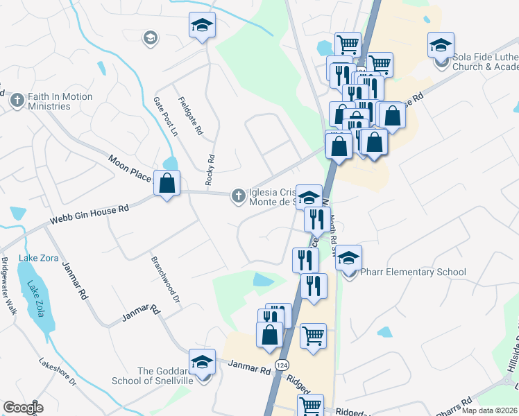 map of restaurants, bars, coffee shops, grocery stores, and more near 1737 Litchfield Road Southwest in Snellville