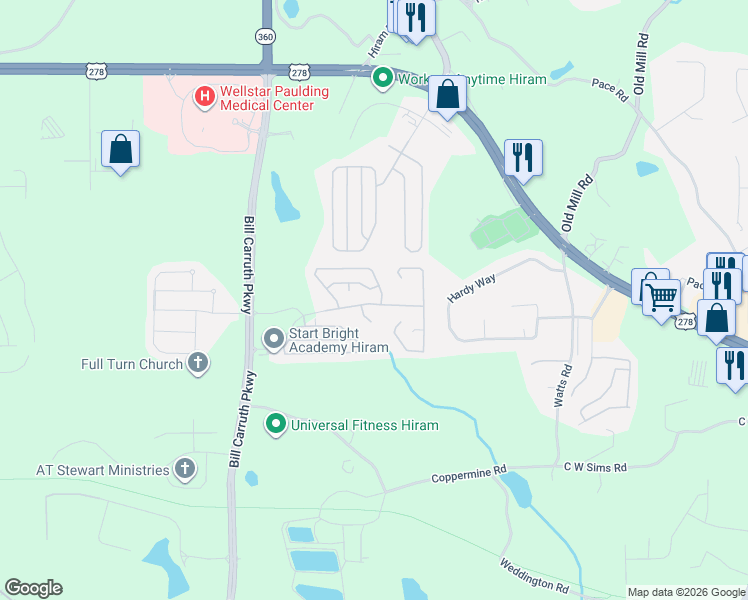 map of restaurants, bars, coffee shops, grocery stores, and more near 394 Greystone Parkway in Hiram