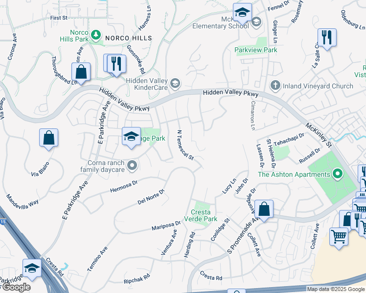 map of restaurants, bars, coffee shops, grocery stores, and more near 767 North Temescal Street in Corona