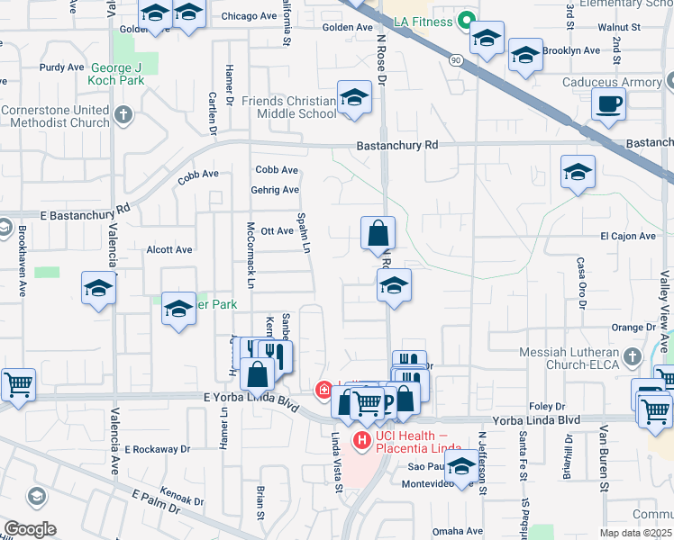 map of restaurants, bars, coffee shops, grocery stores, and more near 4581 Jeanean Lane in Yorba Linda