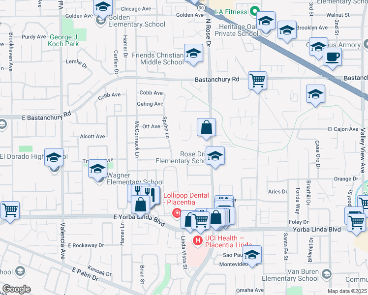 map of restaurants, bars, coffee shops, grocery stores, and more near 4581 Jeanean Lane in Yorba Linda