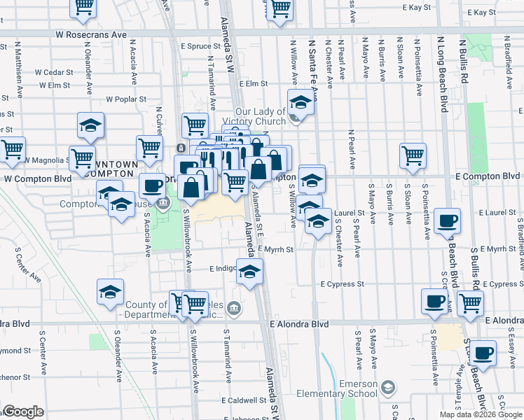 map of restaurants, bars, coffee shops, grocery stores, and more near 200 South Alameda Street East in Compton