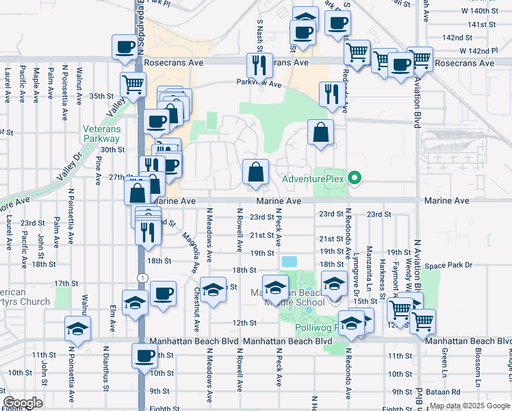 map of restaurants, bars, coffee shops, grocery stores, and more near 1421 23rd Street in Manhattan Beach