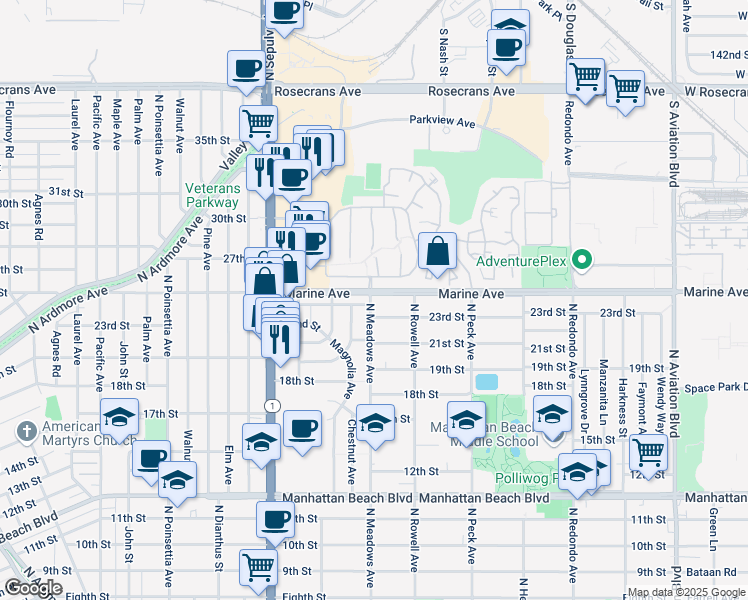 map of restaurants, bars, coffee shops, grocery stores, and more near 1228 23rd Street in Manhattan Beach