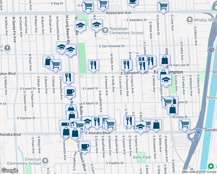 map of restaurants, bars, coffee shops, grocery stores, and more near 220 South Pannes Avenue in Compton