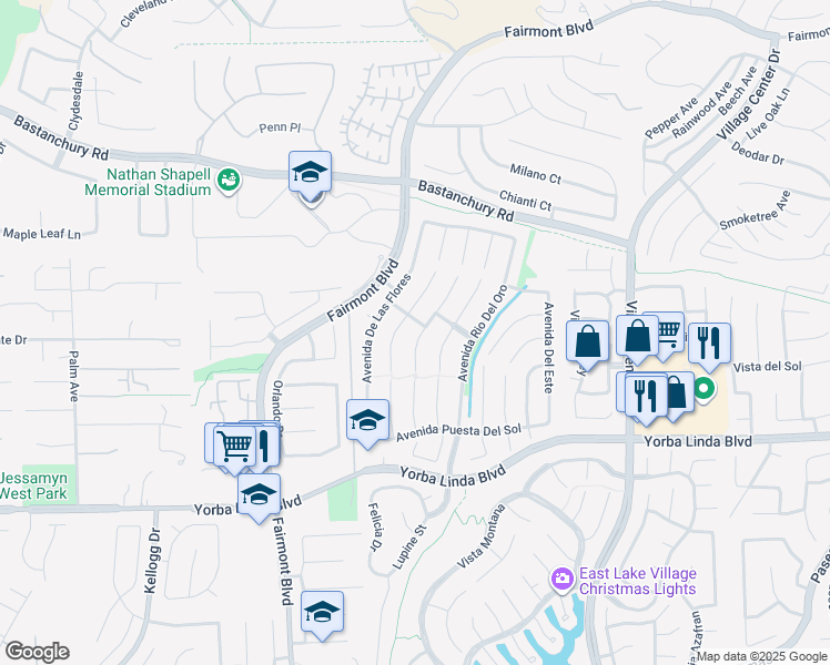 map of restaurants, bars, coffee shops, grocery stores, and more near 4525 Via De La Plaza in Yorba Linda