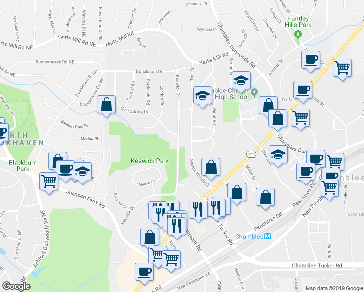 map of restaurants, bars, coffee shops, grocery stores, and more near 3533 Keswick Drive in Chamblee