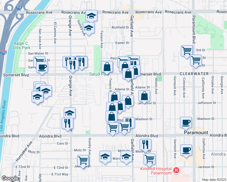 map of restaurants, bars, coffee shops, grocery stores, and more near 7200 Adams St in Paramount