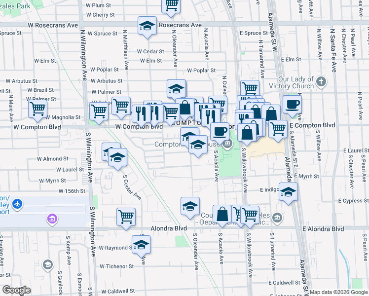 map of restaurants, bars, coffee shops, grocery stores, and more near 346 West Almond Street in Compton