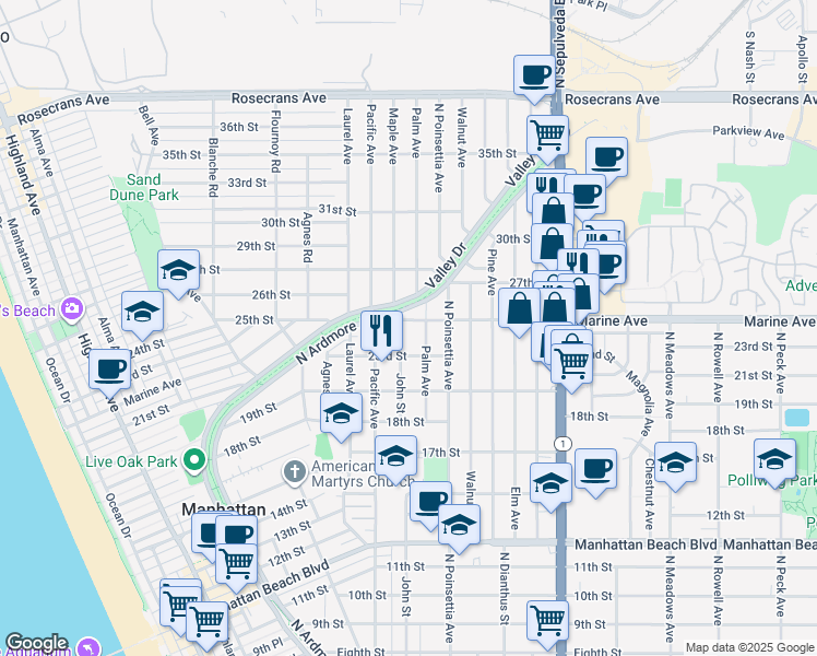 map of restaurants, bars, coffee shops, grocery stores, and more near 2412 John Street in Manhattan Beach