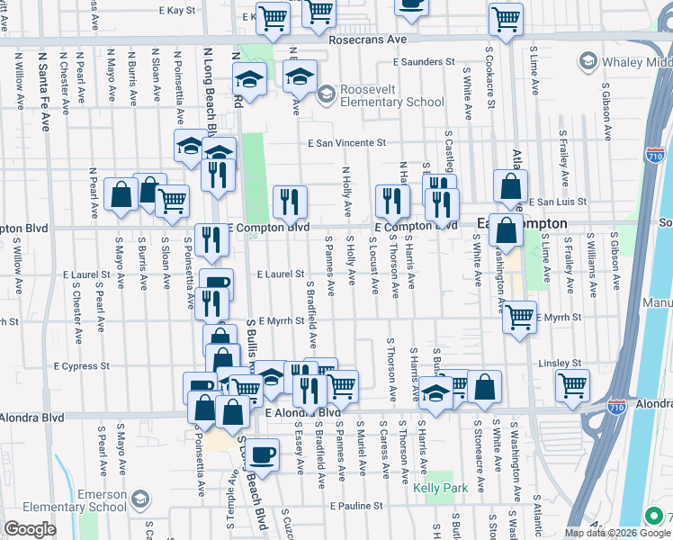 map of restaurants, bars, coffee shops, grocery stores, and more near 220 South Pannes Avenue in Compton
