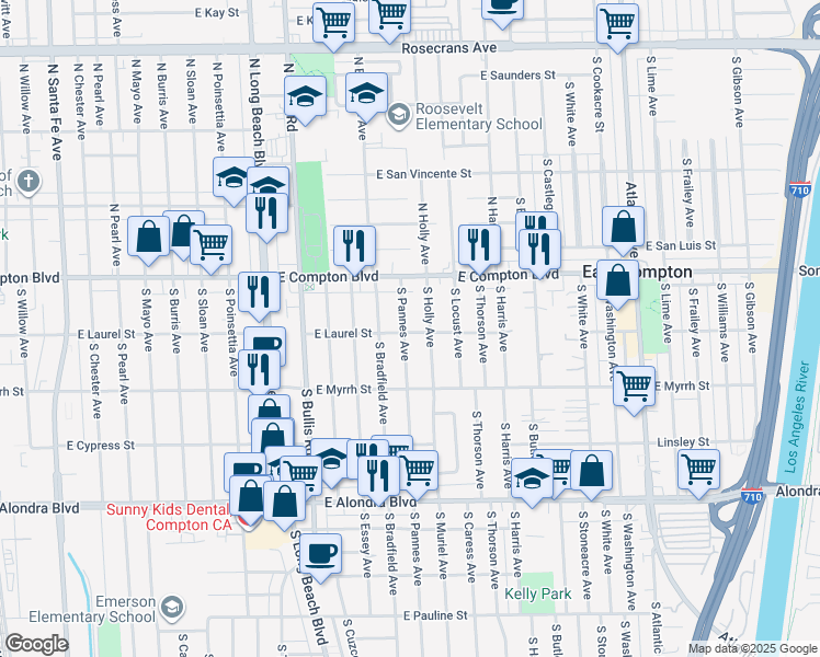 map of restaurants, bars, coffee shops, grocery stores, and more near 301 South Pannes Avenue in Compton