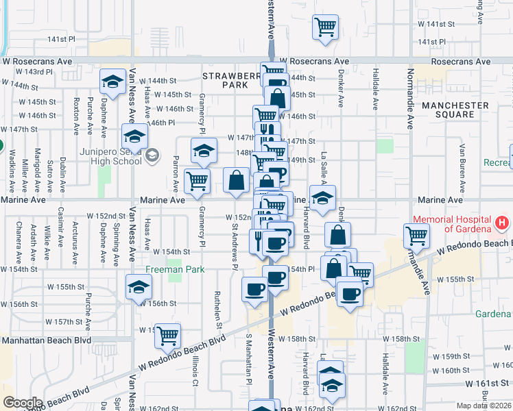 map of restaurants, bars, coffee shops, grocery stores, and more near 1824 Marine Avenue in Gardena