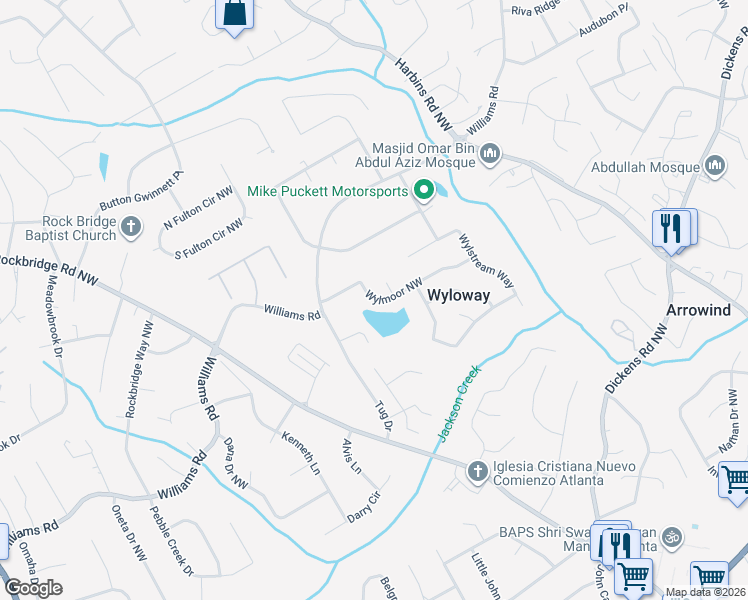 map of restaurants, bars, coffee shops, grocery stores, and more near 5694 Wylmoor Northwest in Norcross