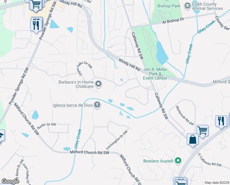 map of restaurants, bars, coffee shops, grocery stores, and more near 2405 Betsy Court Southwest in Marietta