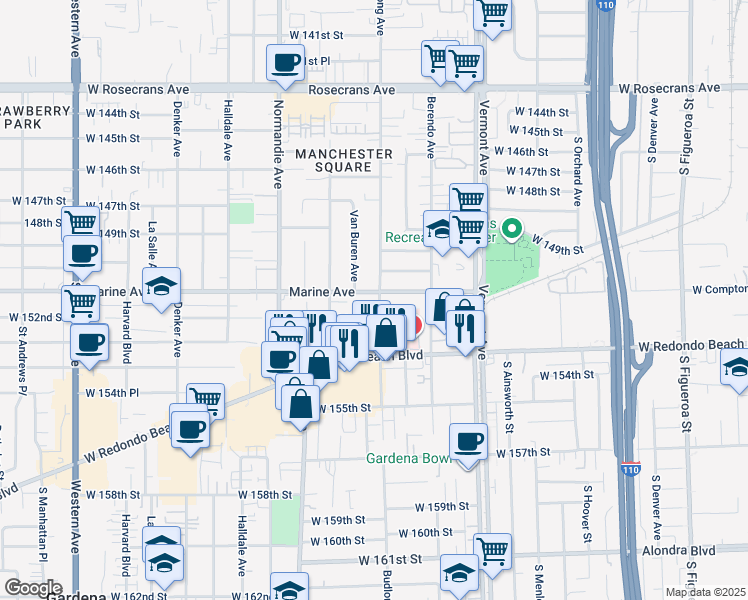 map of restaurants, bars, coffee shops, grocery stores, and more near 15122 Budlong Avenue in Gardena