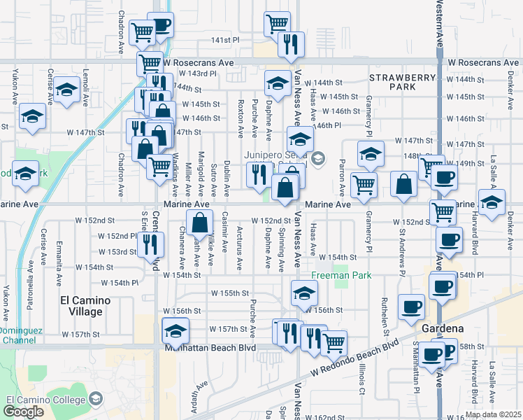 map of restaurants, bars, coffee shops, grocery stores, and more near 2402 Marine Avenue in Gardena