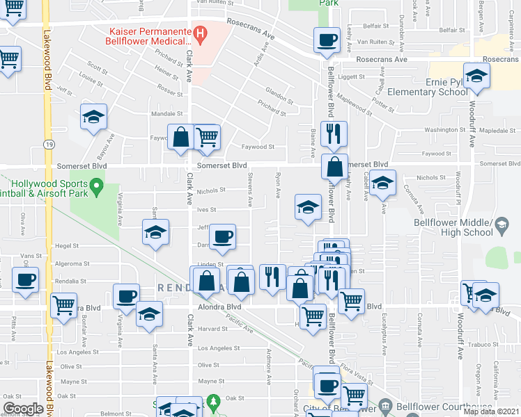 map of restaurants, bars, coffee shops, grocery stores, and more near Ives Street in Bellflower