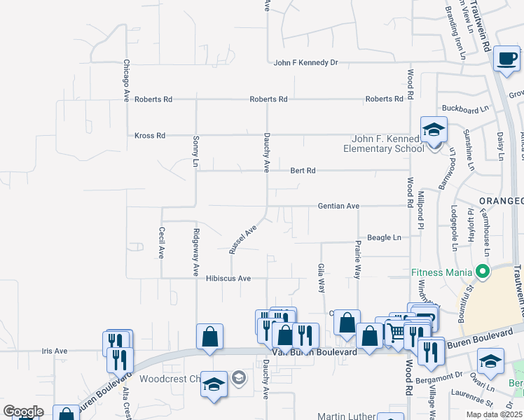 map of restaurants, bars, coffee shops, grocery stores, and more near 15515 Russel Avenue in Riverside