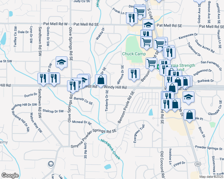 map of restaurants, bars, coffee shops, grocery stores, and more near 398 Windy Hill Road Southeast in Marietta