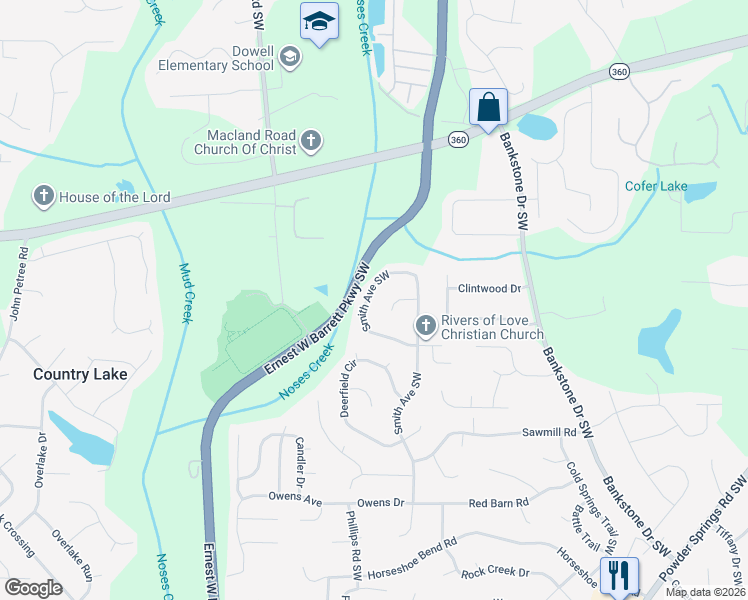 map of restaurants, bars, coffee shops, grocery stores, and more near 2310 Smith Avenue Southwest in Marietta