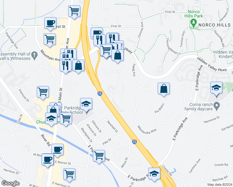 map of restaurants, bars, coffee shops, grocery stores, and more near 809 Ringdahl Circle in Corona